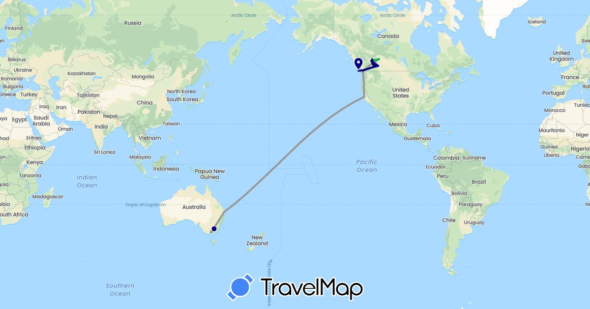 TravelMap itinerary: driving, bus, plane in Australia, Canada (North America, Oceania)
