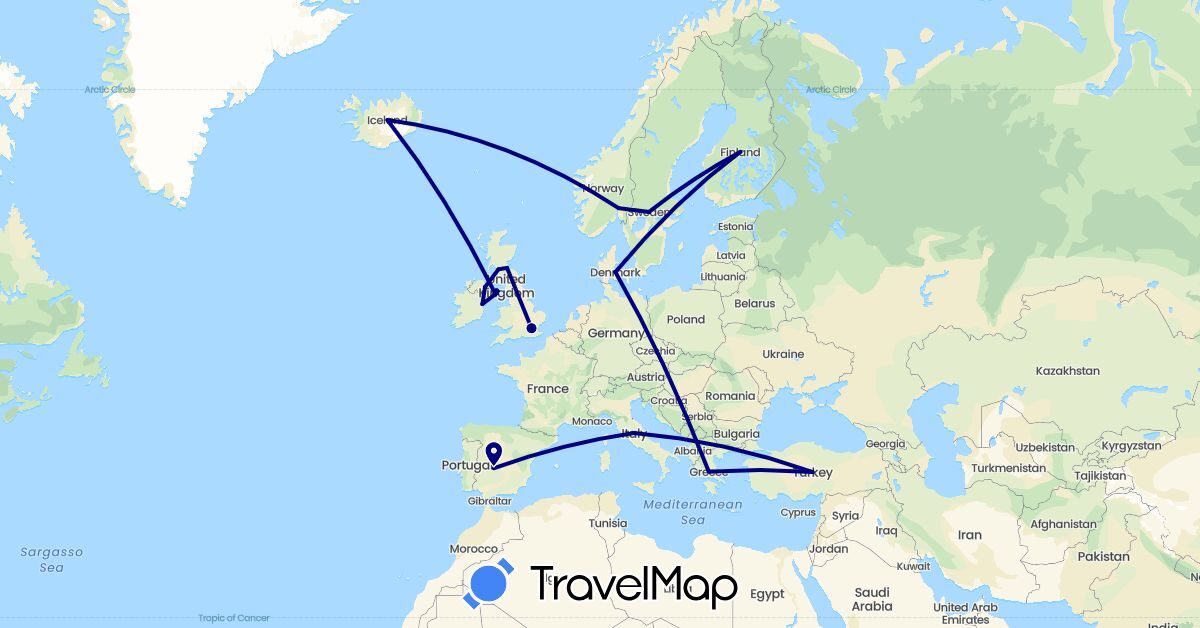 TravelMap itinerary: driving in Denmark, Spain, Finland, United Kingdom, Greece, Ireland, Isle of Man, Iceland, Italy, Norway, Sweden, Turkey (Asia, Europe)